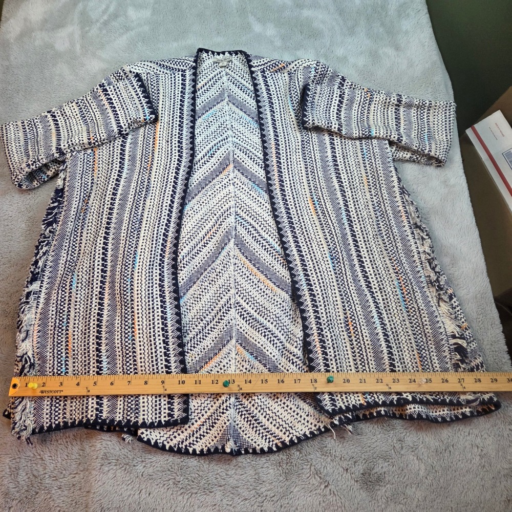 Lucky Brand Cardigan Women Medium Blue White‎ Chevron Fringe Open Front Knit